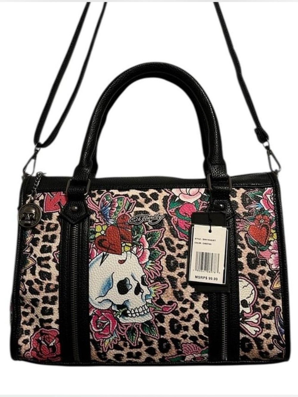 NWT Ed Hardy Barrel Satchel Handbag Leopard Tattoo Floral Skull Print
